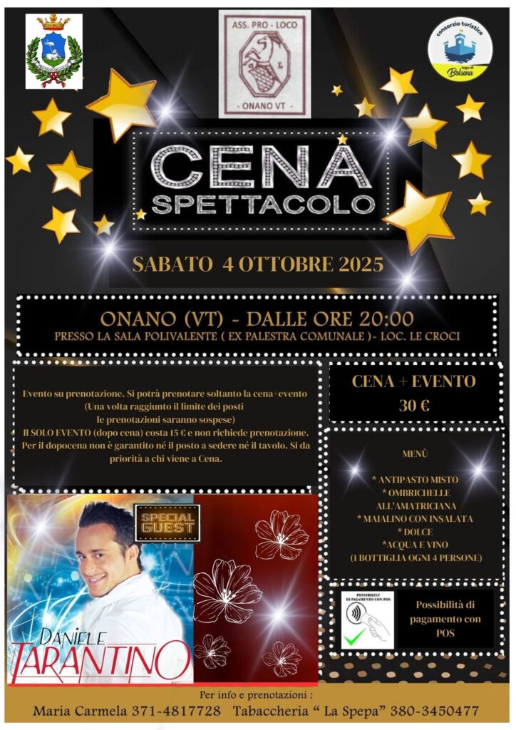 | 4 OTTOBRE 2025 | ONANO - Con Daniele Tarantino torna la cena spettacolo!