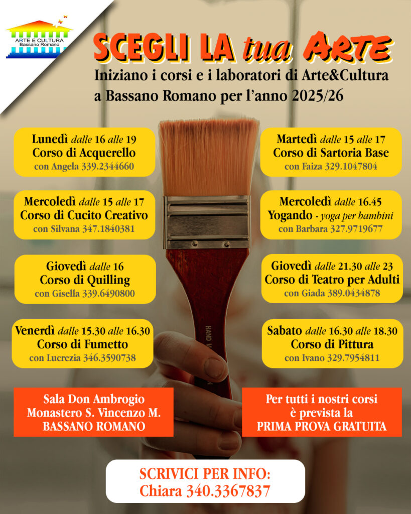 | dal 2 OTTOBRE 2025 | BASSANO ROMANO - Al via i corsi ed i laboratori artistici e creativi!
