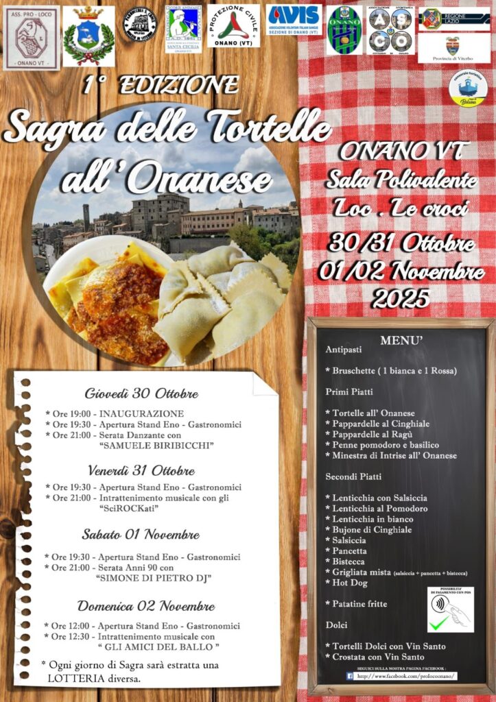 | 30,31 OTTOBRE e 1,2 NOVEMBRE 2025 | ONANO - Sagra delle Tortelle all'onanese