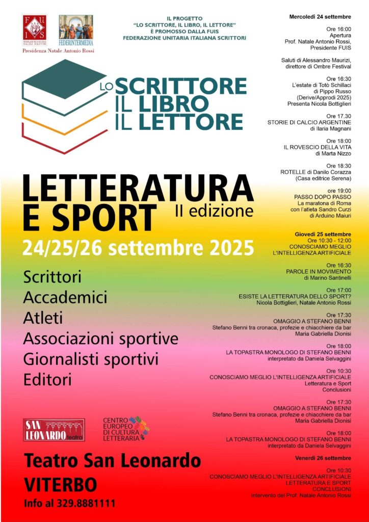 | 24,25,26 SETTEMBRE 2025 | VITERBO - "Lo Scrittore, il Libro, il Lettore": letteratura tra sport, libri e intelligenza artificiale