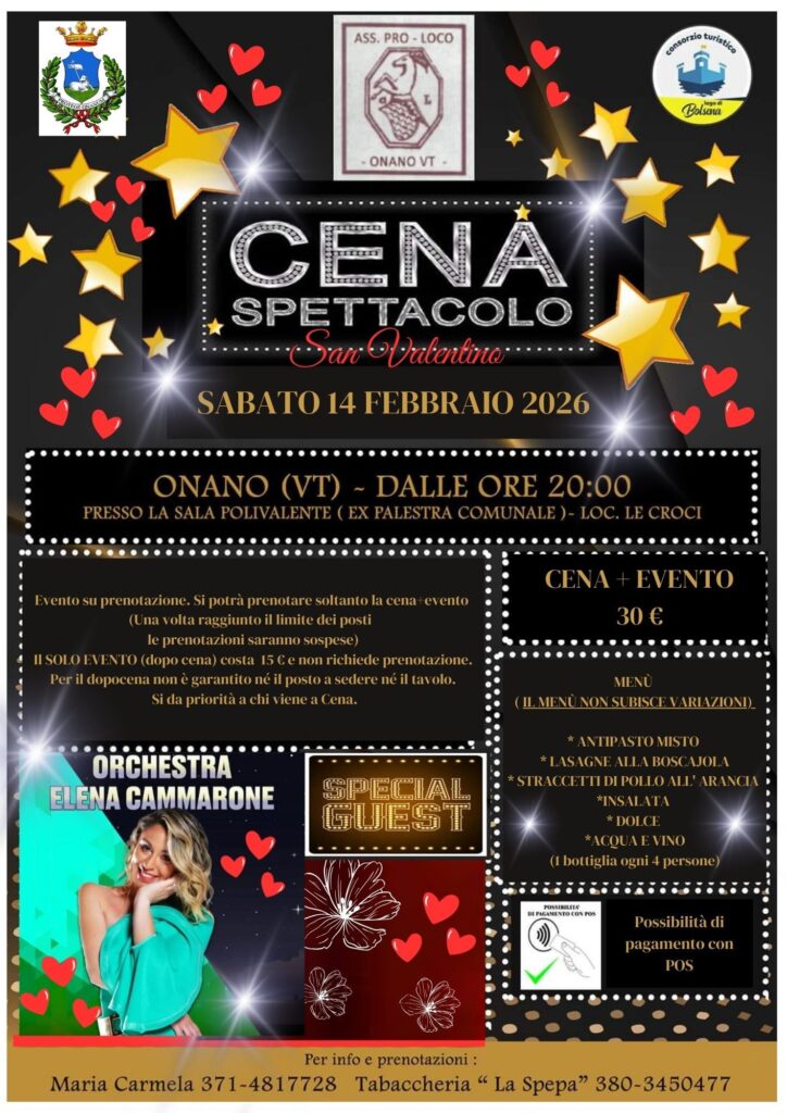 | 14 FEBBRAIO 2026 | ONANO - San Valentino: Elena Cammarone e la sua orchestra alla Cena spettacolo!