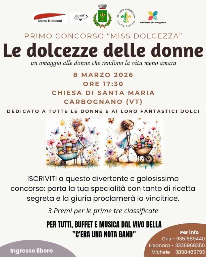 | 8 MARZO 2026 | CARBOGNANO - Tutto pronto per la prima edizione di "Miss Dolcezza"!