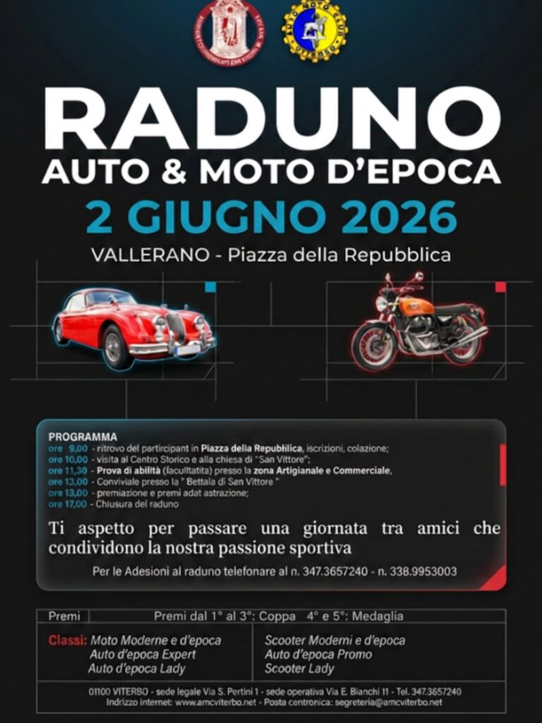 | 2 GIUGNO 2026 | VALLERANO - Scaldate i motori: arriva il raduno di auto e moto d'epoca!