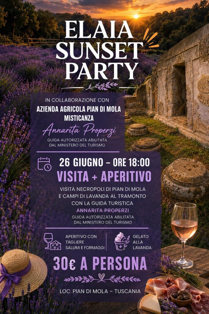| 26 GIUGNO 2026 | TUSCANIA - Con Anna Rita Properzi visitiamo le necropoli rupestri e i campi di lavanda con finale al tramonto tra gli ulivi del pianoro etrusco