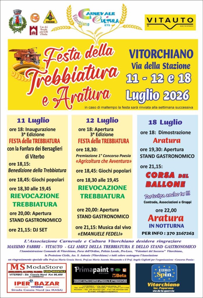 | 11,12,18 LUGLIO 2026 | VITORCHIANO - Festa della Trebbiatura e Aratura!