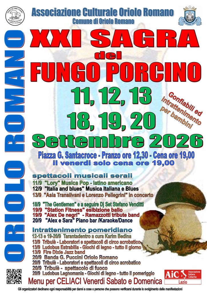 | 11,12,13,18,19,20 SETTEMBRE 2026 | ORIOLO ROMANO - Sagra del Fungo Porcino